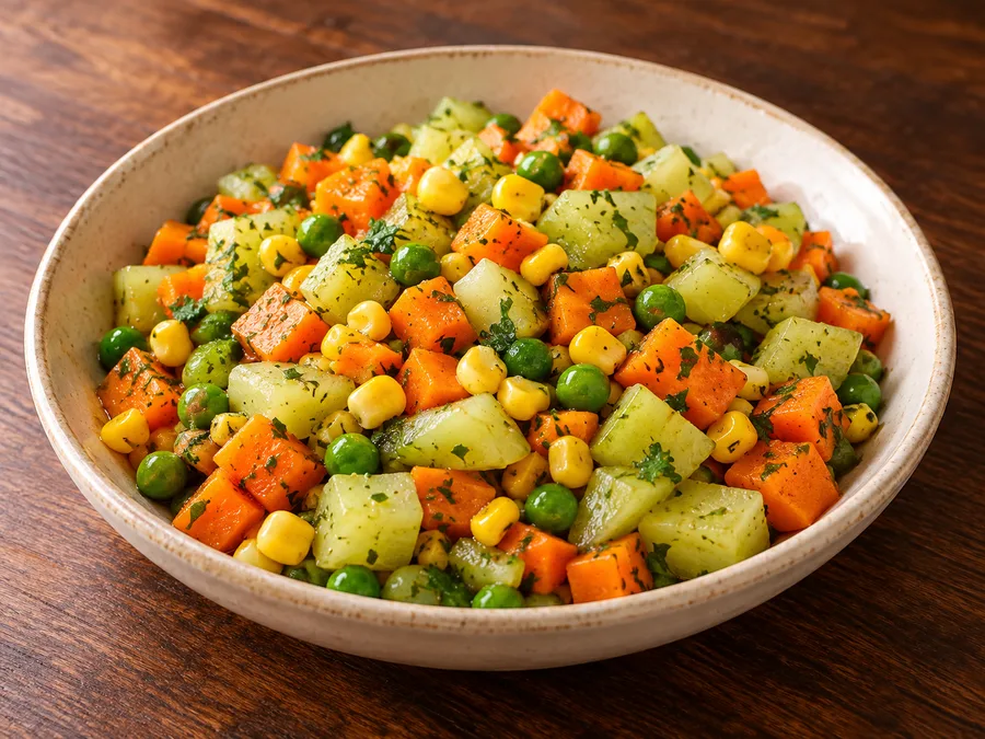 Ilustração de Salada de legumes em cubos salteados gerada por IA