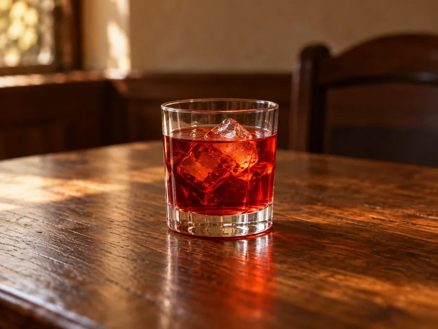 Ilustração por IA do tipo de bebida de Campari; marca, embalagem e sabor podem variar