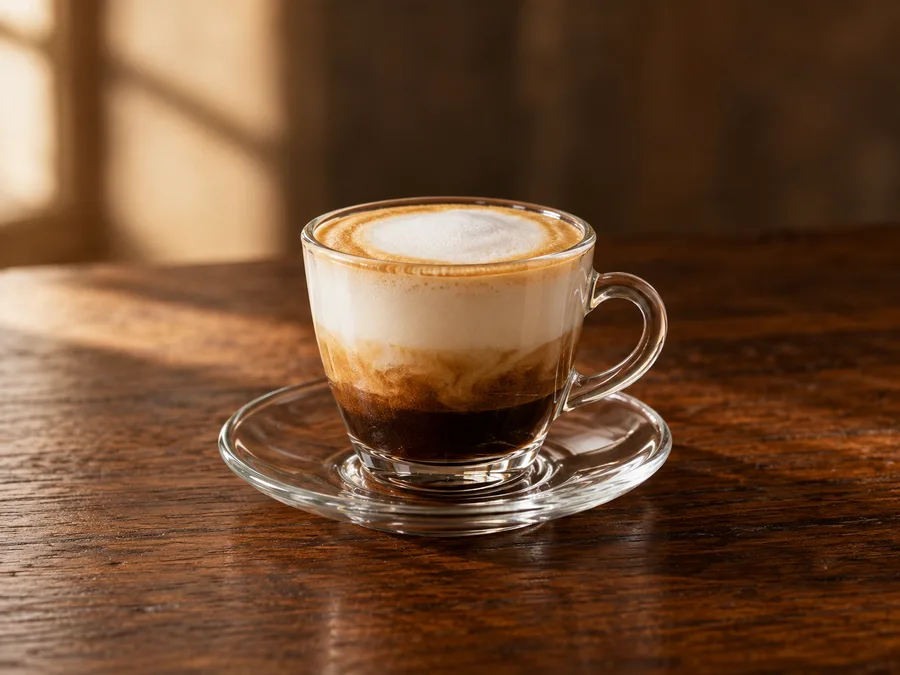 Ilustração por IA do tipo de bebida de Café macchiato; marca, embalagem e sabor podem variar
