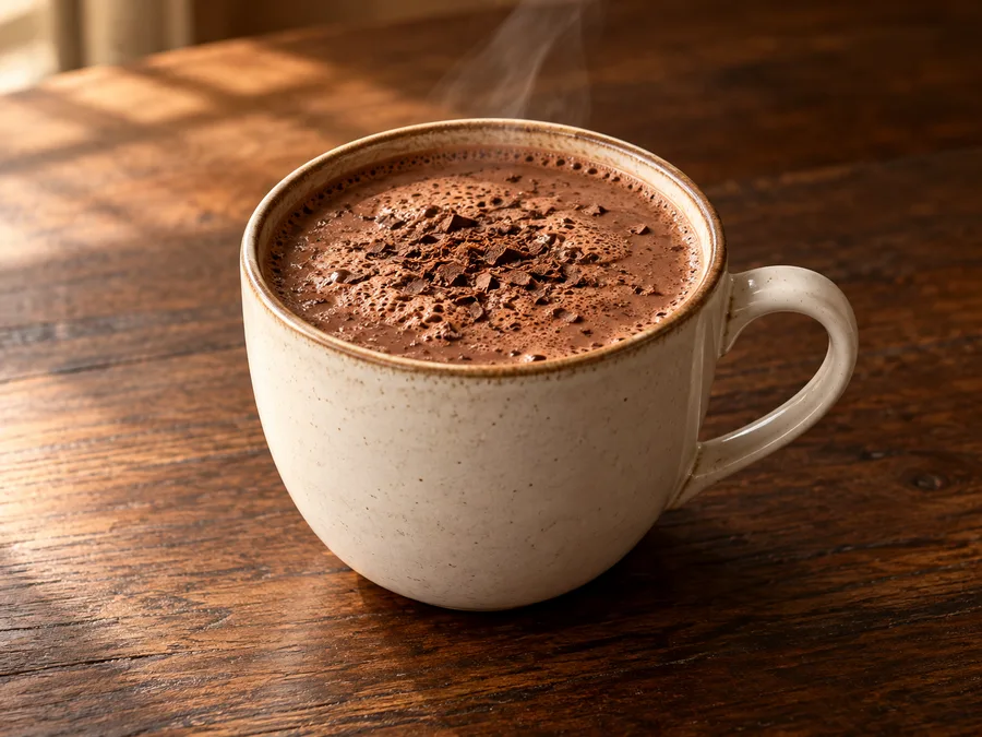 Ilustração por IA do tipo de bebida de Chocolate quente; marca, embalagem e sabor podem variar