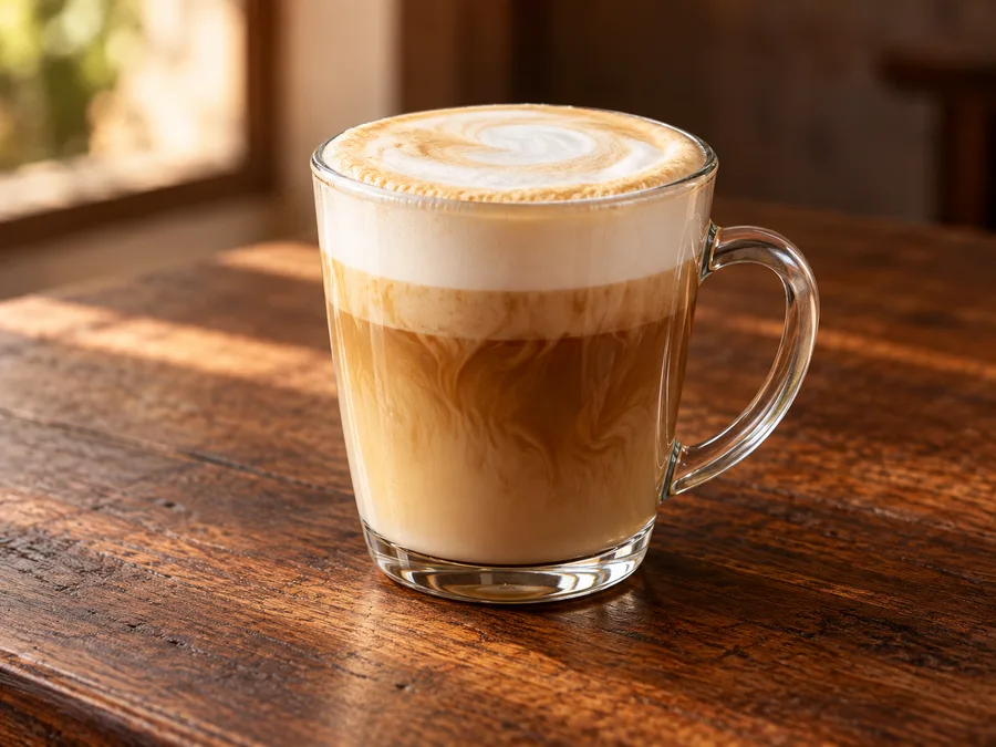 Ilustração por IA do tipo de bebida de Expresso latte; marca, embalagem e sabor podem variar