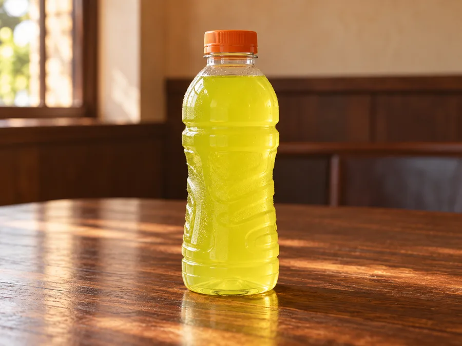 Ilustração por IA do tipo de bebida de Gatorade; marca, embalagem e sabor podem variar