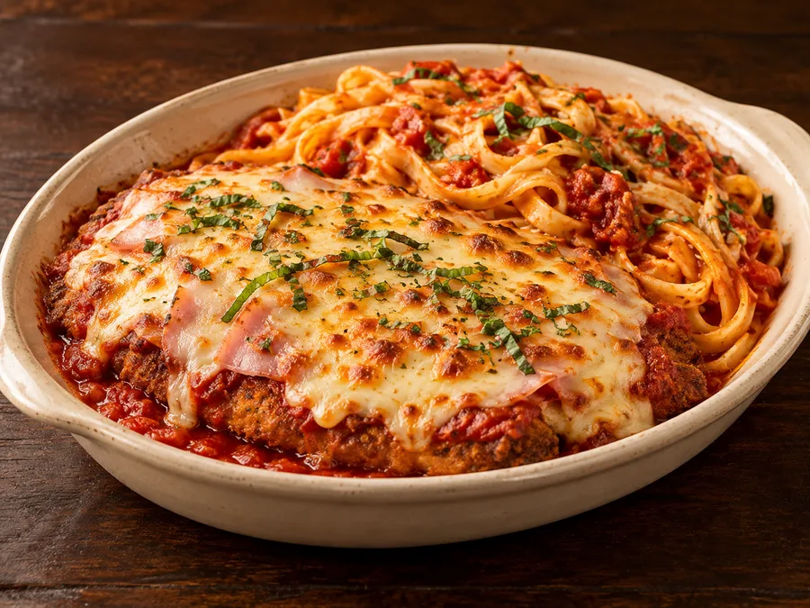 Ilustração de Filé à parmegiana completo gerada por IA