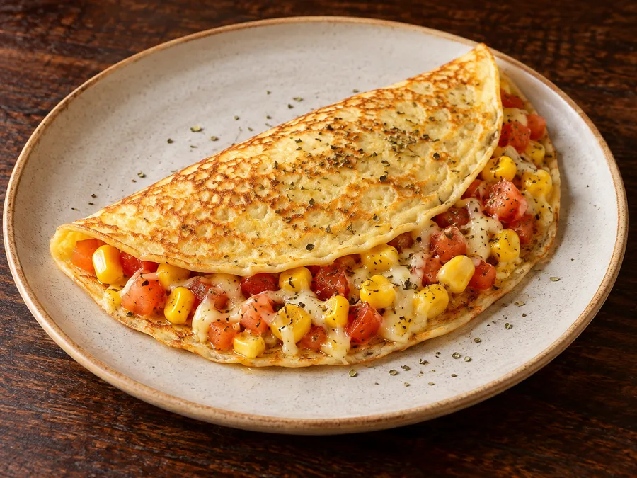 Ilustração de Crepe Recheada com tomate picado, milho verde e orégano gerada por IA